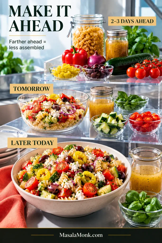 Tiered make-ahead pasta salad setup labeled Later Today, Tomorrow and 2–3 Days Ahead, progressing from finished salad to partly assembled salad and then dry pasta, vinaigrette and separate fresh ingredients.