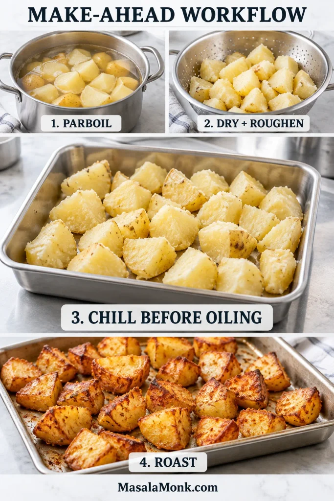 Four-stage make-ahead workflow showing potatoes parboiling, drying and roughening, chilling before oiling, and finally roasting golden.