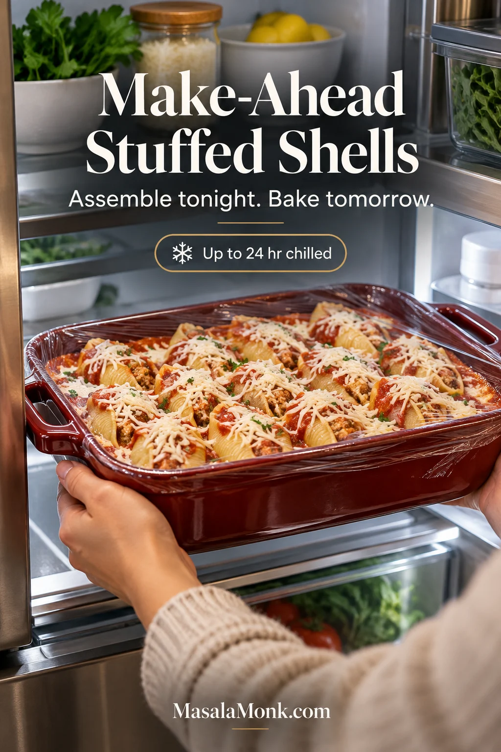 Hands placing a covered red casserole of assembled unbaked stuffed shells with marinara and shredded mozzarella onto a refrigerator shelf.