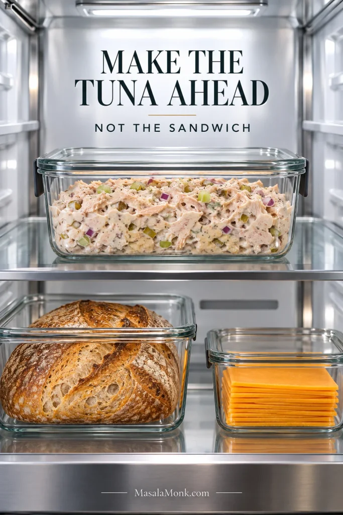 Refrigerator shelf with tuna filling in a covered glass container, sourdough bread stored separately, and sliced cheddar in another container.