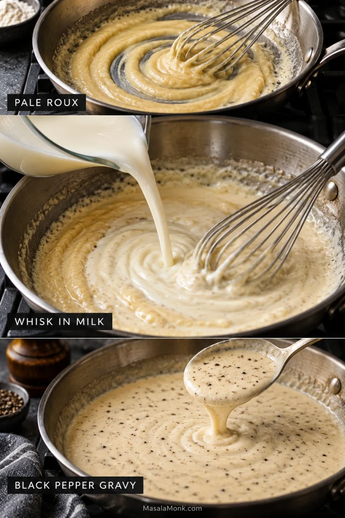 Three-stage gravy guide showing a pale flour roux, milk being whisked into it, and finished creamy black pepper country gravy.