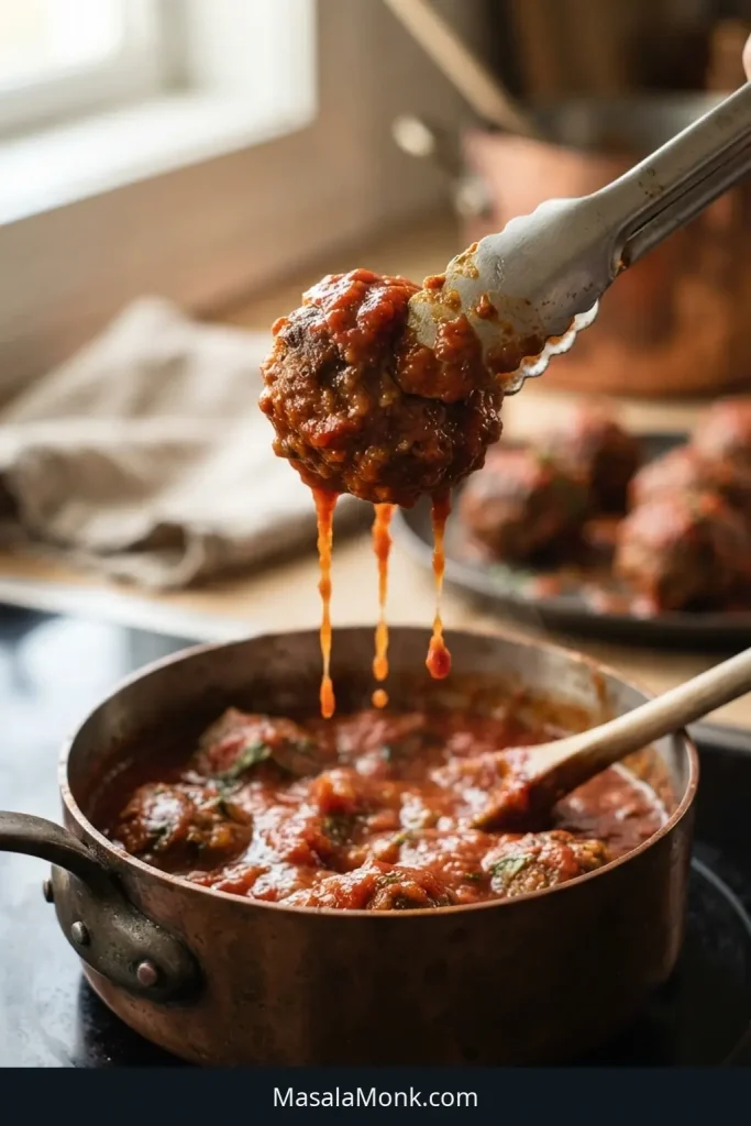Metal tongs lifting a meatball coated in glossy red marinara above a saucepan as sauce slowly drips back into the pan.