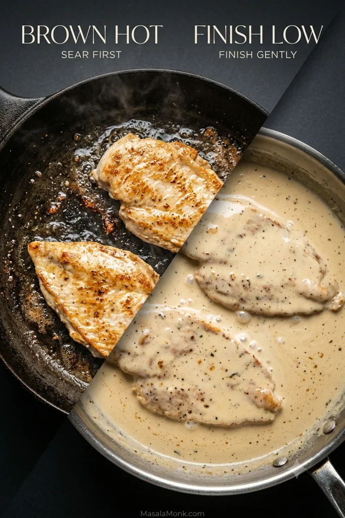 Chicken cutlets searing over higher heat and then finishing gently in creamy sun-dried tomato sauce.