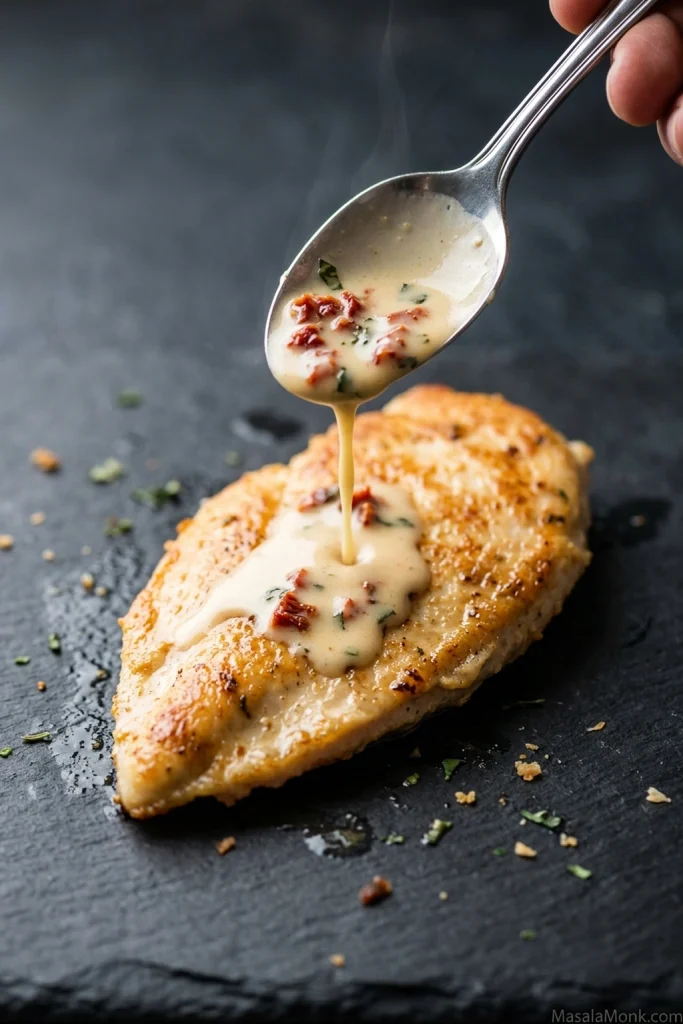 Creamy Marry Me Chicken sauce pouring from a spoon over a golden chicken cutlet with chopped sun-dried tomatoes.