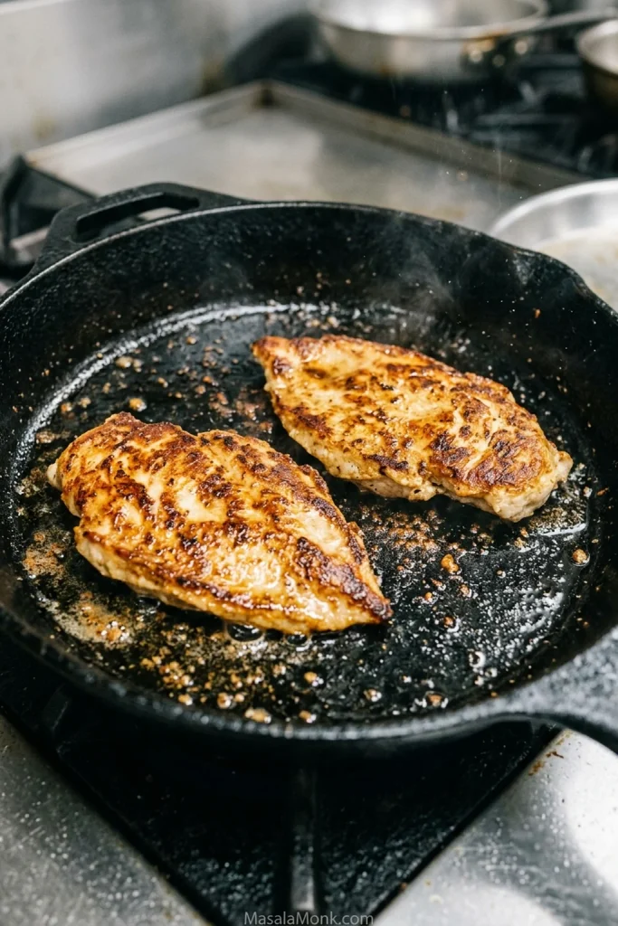 Thin chicken breast cutlets with deep golden browning in a skillet and browned fond around them.