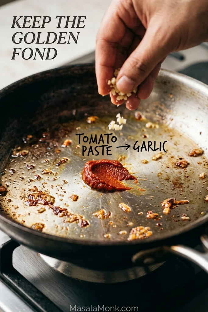 Golden-brown fond in a skillet with tomato paste and finely minced garlic after the chicken has been removed.