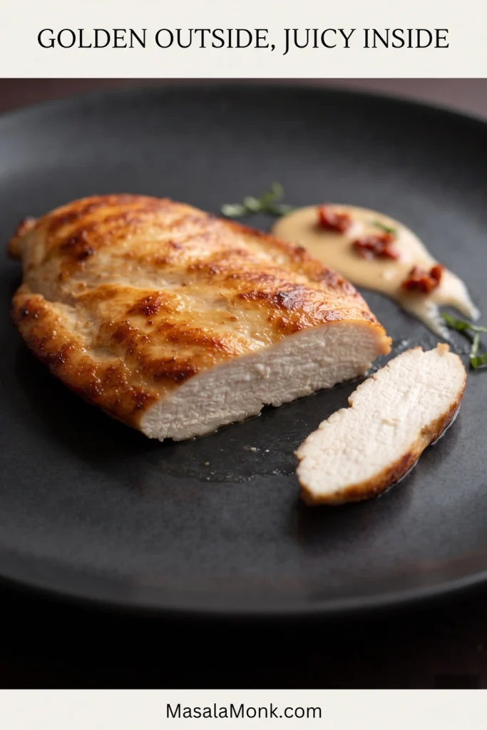 Thin golden chicken breast cutlet with a small end slice removed, showing a fully cooked moist white interior beside creamy sauce.