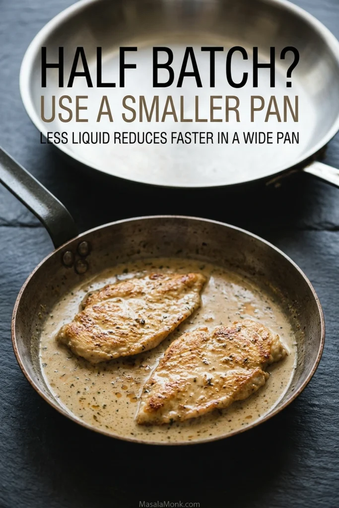 Two chicken cutlets in creamy sauce in a smaller skillet with a larger skillet shown behind it for size comparison.