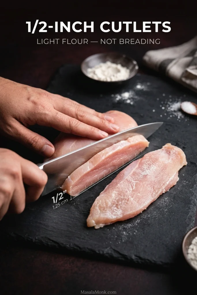 Raw chicken breast cutlets shown at about half-inch thickness, with one cutlet lightly dusted with flour.