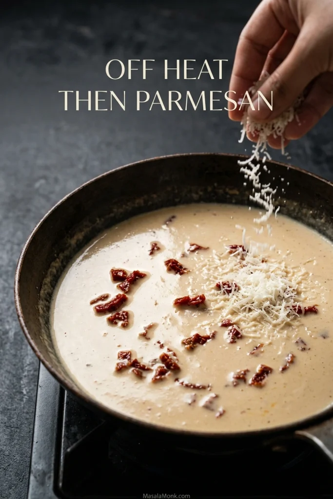 Finely grated Parmesan being stirred into a calm creamy sun-dried tomato sauce off direct heat.
