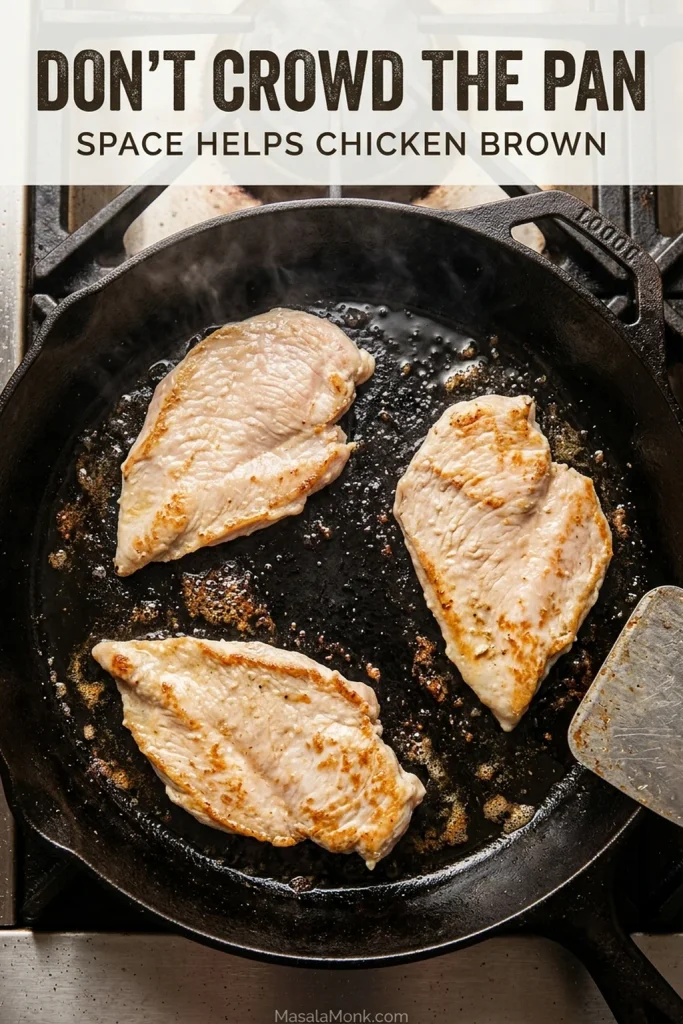 Chicken breast cutlets spaced apart in a wide skillet with visible open pan surface between the pieces.