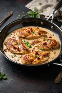 Golden chicken breast cutlets in a skillet with creamy garlic-Parmesan sauce, chopped sun-dried tomatoes, fresh basil and black pepper.