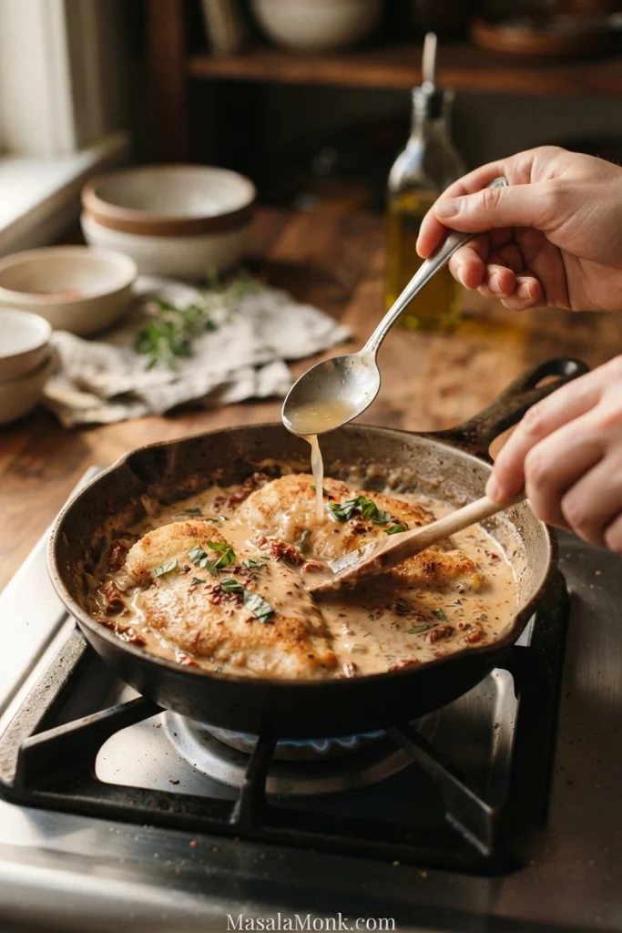 Cooked Marry Me Chicken reheating gently in a small pan as broth is added to loosen the cream sauce.