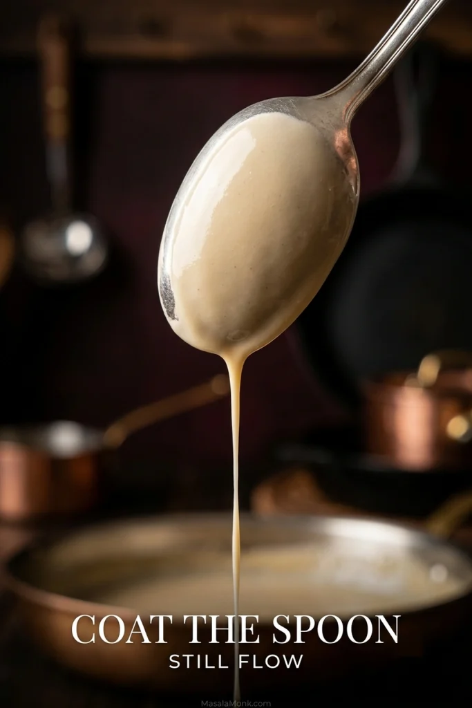 Back of a metal spoon coated with pale cream sauce that still drips freely back toward the skillet.
