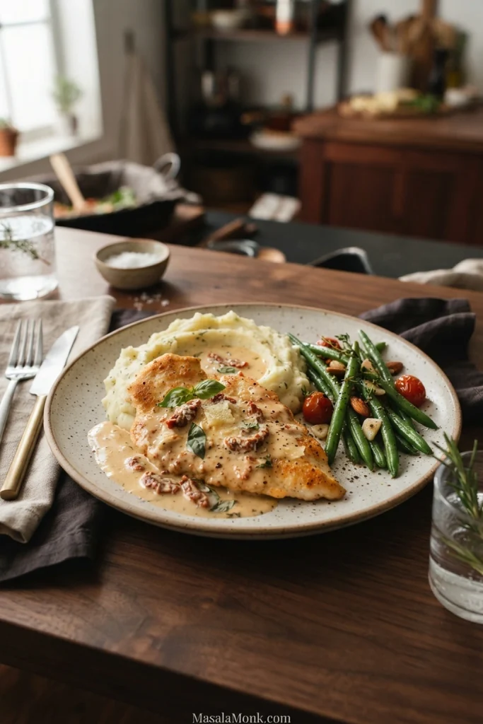 Marry Me Chicken served with mashed potatoes and green beans, with creamy sauce around the golden chicken.