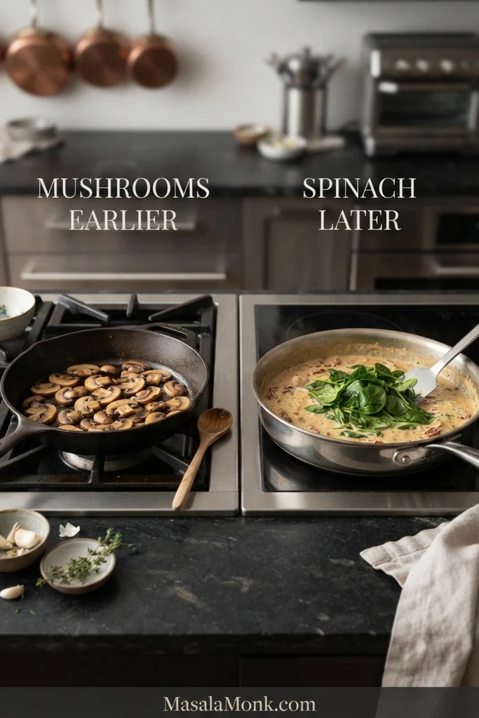 Browned sliced mushrooms and spinach shown at different cooking stages for Marry Me Chicken variations.