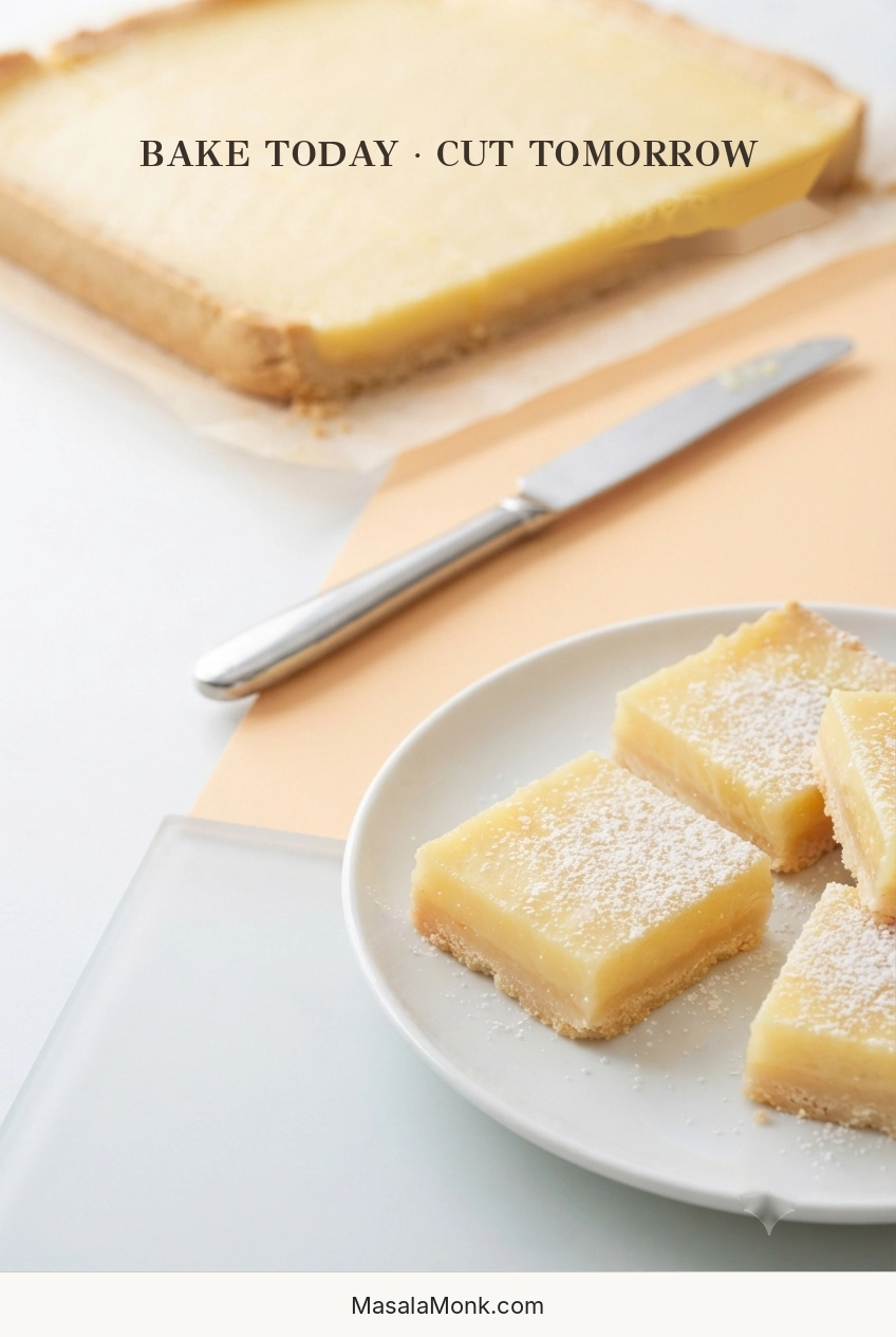 Whole uncut lemon-bar slab in the background with clean powdered-sugar-dusted lemon-bar squares in the foreground, illustrating make-ahead preparation.