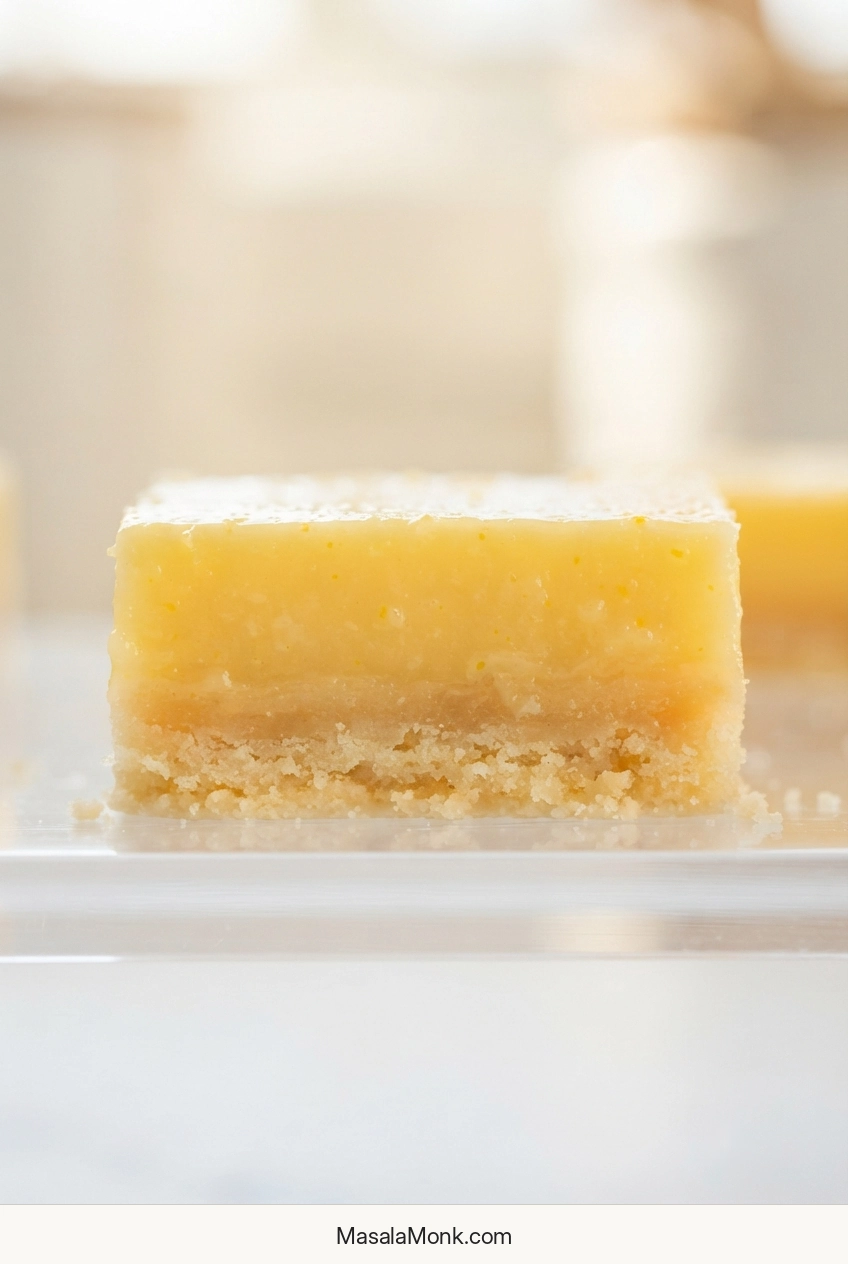 Close side view of a chilled lemon bar showing a smooth pale-yellow filling above a thin compact golden shortbread crust.
