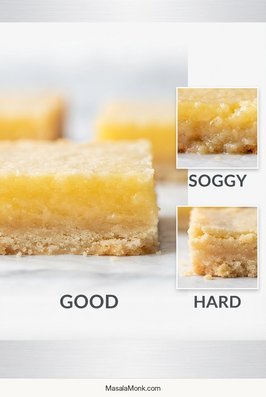 Comparison of lemon-bar shortbread showing a tender crust, a moisture-softened soggy crust, and a dense hard crust beneath lemon filling.