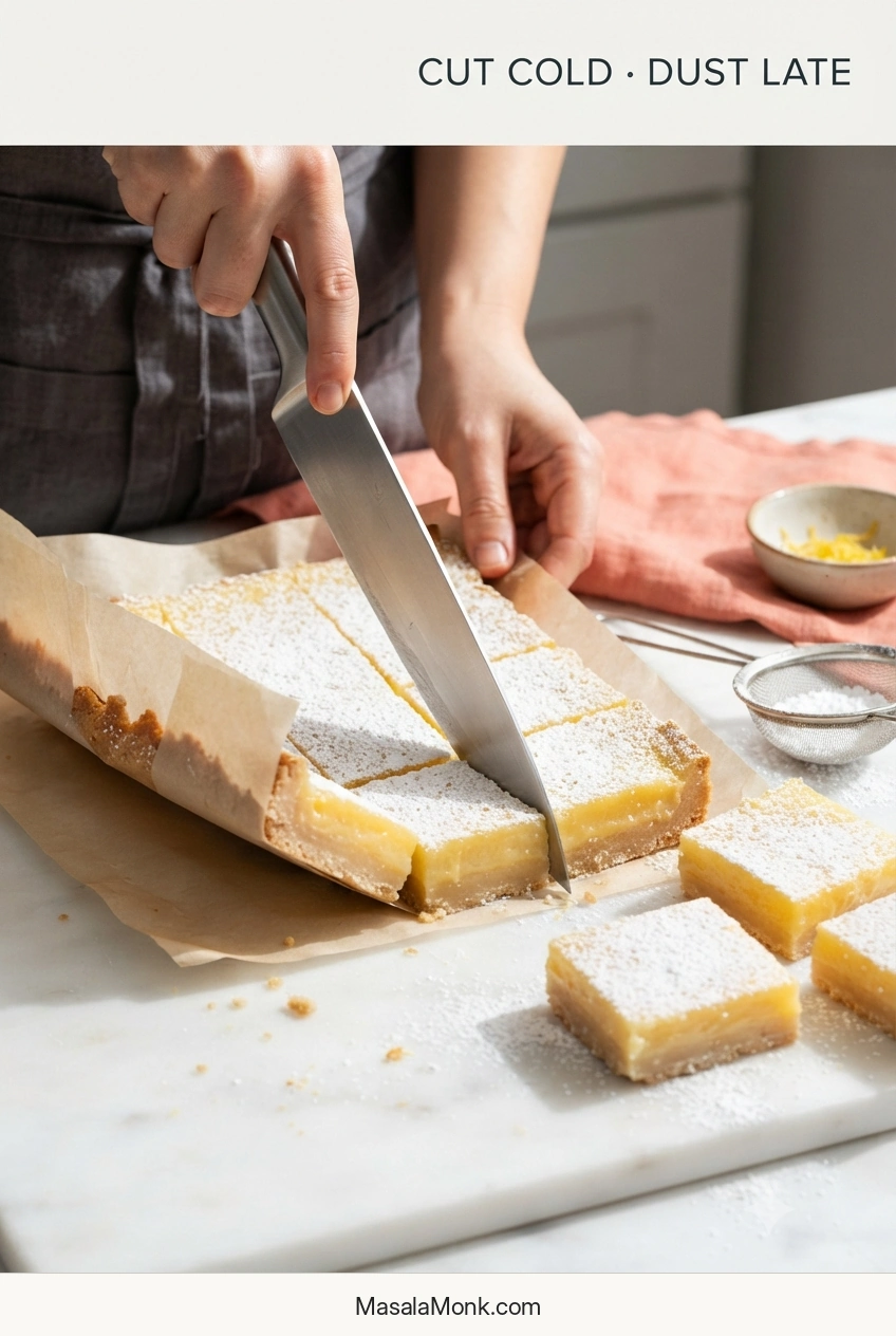 Chilled lemon-bar slab being lifted with parchment while a knife makes clean cuts and finished pieces receive powdered sugar.