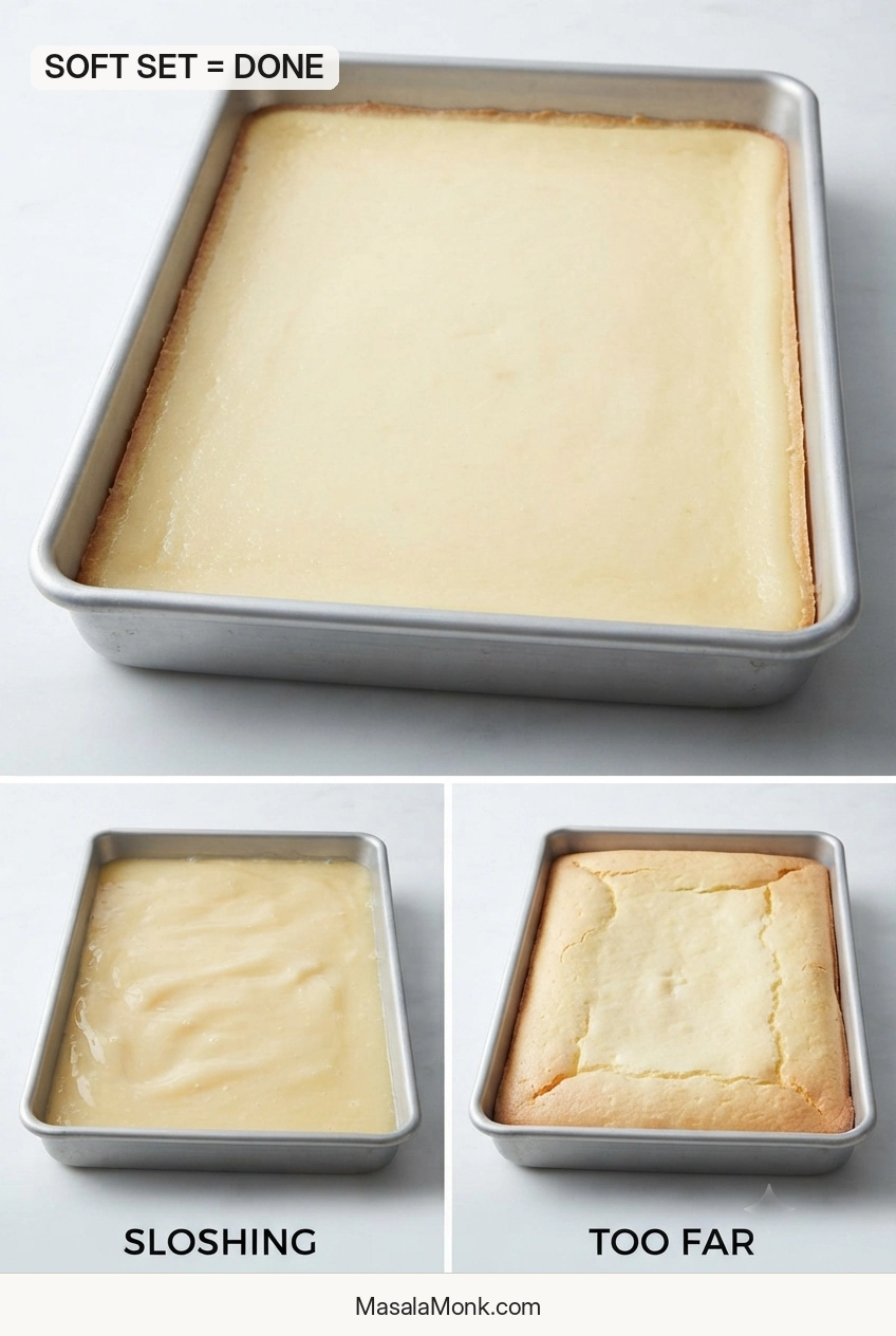 Rectangular baking pan showing the desired soft-set lemon-bar center alongside smaller examples of a liquid underbaked center and a firmer overbaked center.