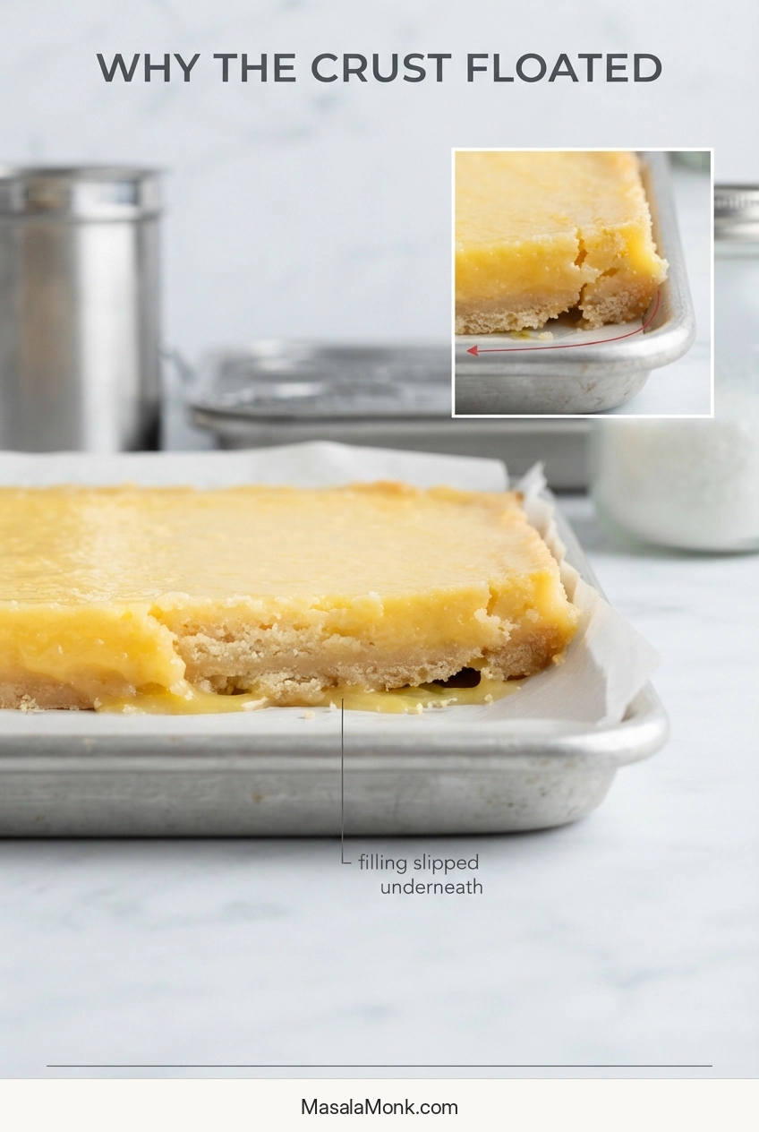 Cross-section of a lemon bar with the shortbread lifted above the lemon filling, with a smaller detail showing filling beneath an edge gap.