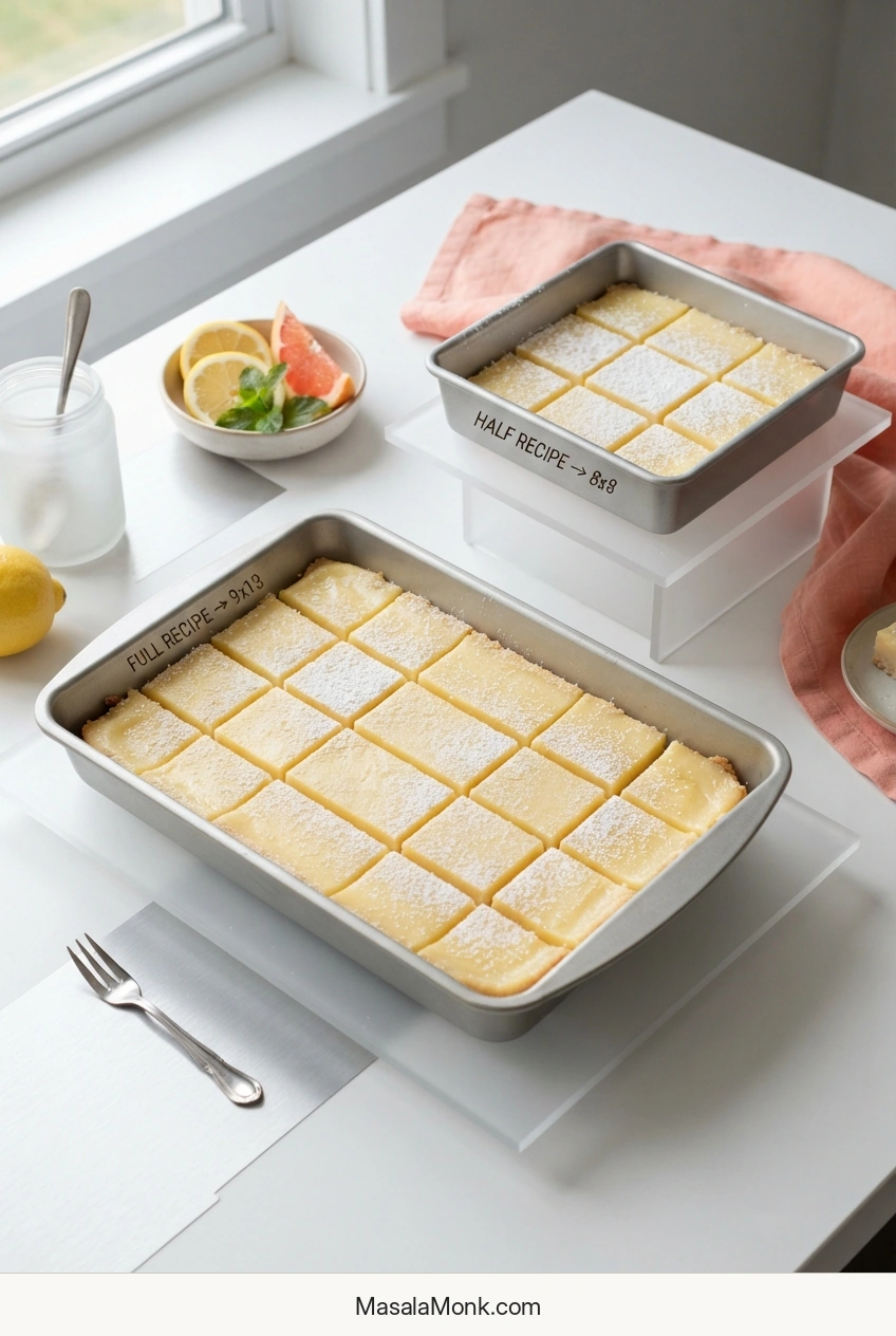 Two lemon-bar pans comparing a full batch in a 9-by-13-inch pan with a half batch in an 8-by-8-inch pan at similar finished depth.
