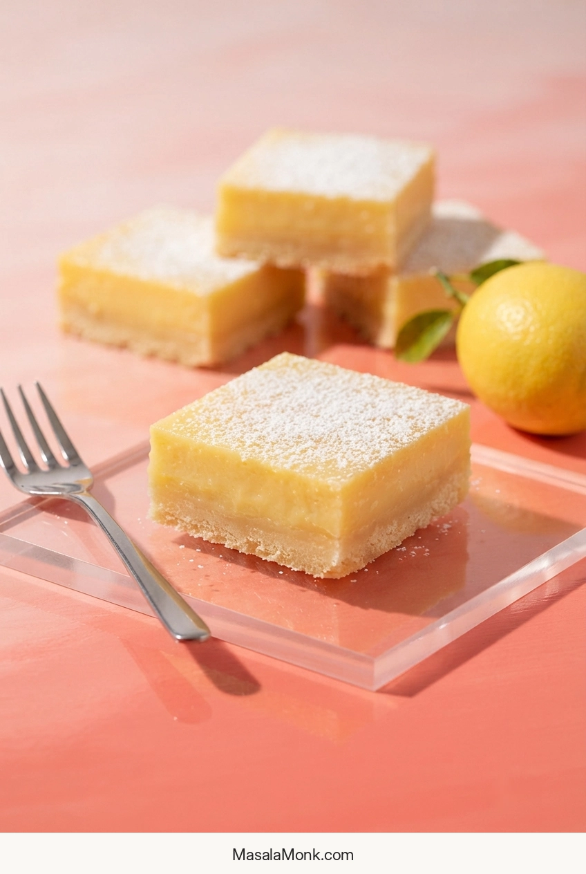 Finished lemon bars with smooth pale-yellow lemon filling over thin golden shortbread crusts, lightly dusted with powdered sugar.