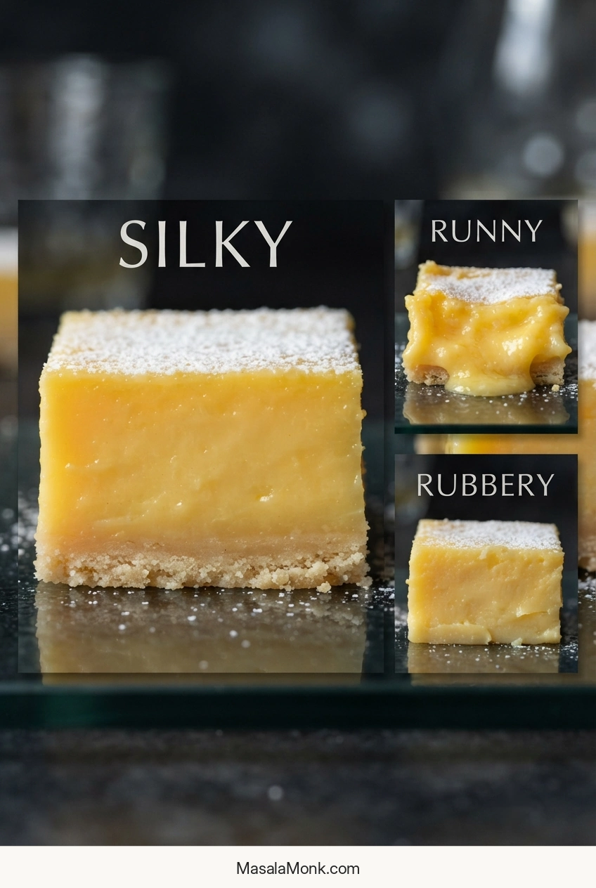 Three close-up lemon-bar textures comparing a loose runny filling, a smooth silky filling, and a firm rubbery filling.