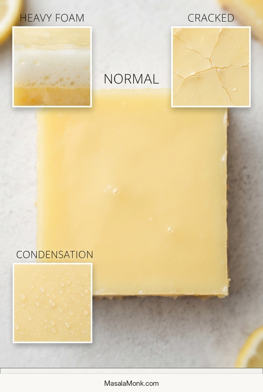 Lemon-bar surface close-ups showing a normal pale top with small bubbles, heavy foam, cracking, and condensation.
