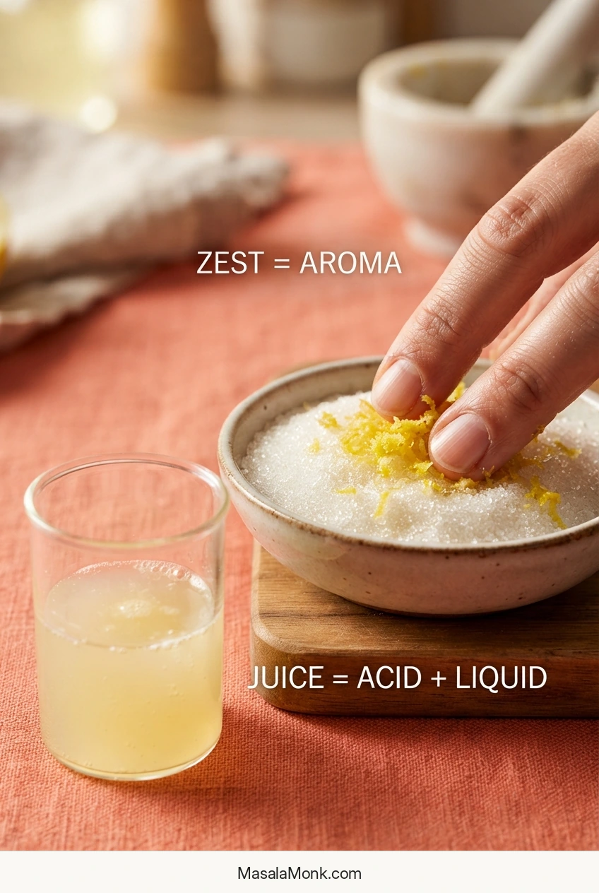 Hands rubbing finely grated lemon zest into granulated sugar beside a clear glass of fresh lemon juice.