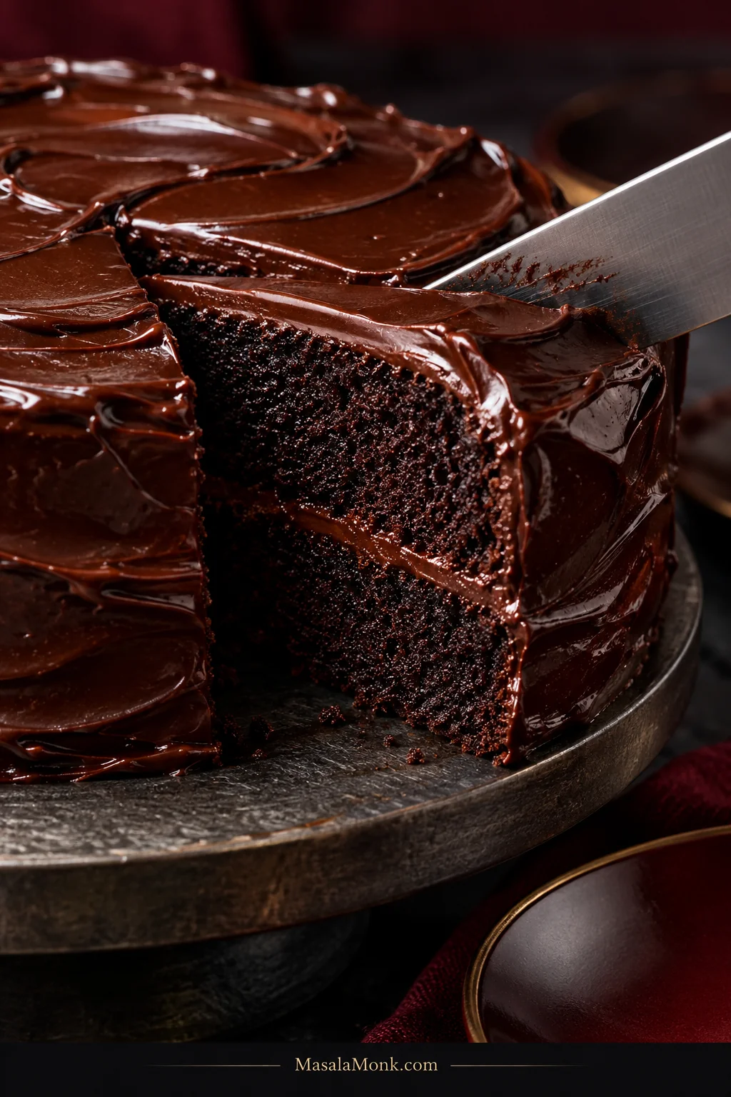 Sharp dry knife cutting through a two-layer Matilda chocolate cake and revealing two dark cake layers with one even center ganache seam.
