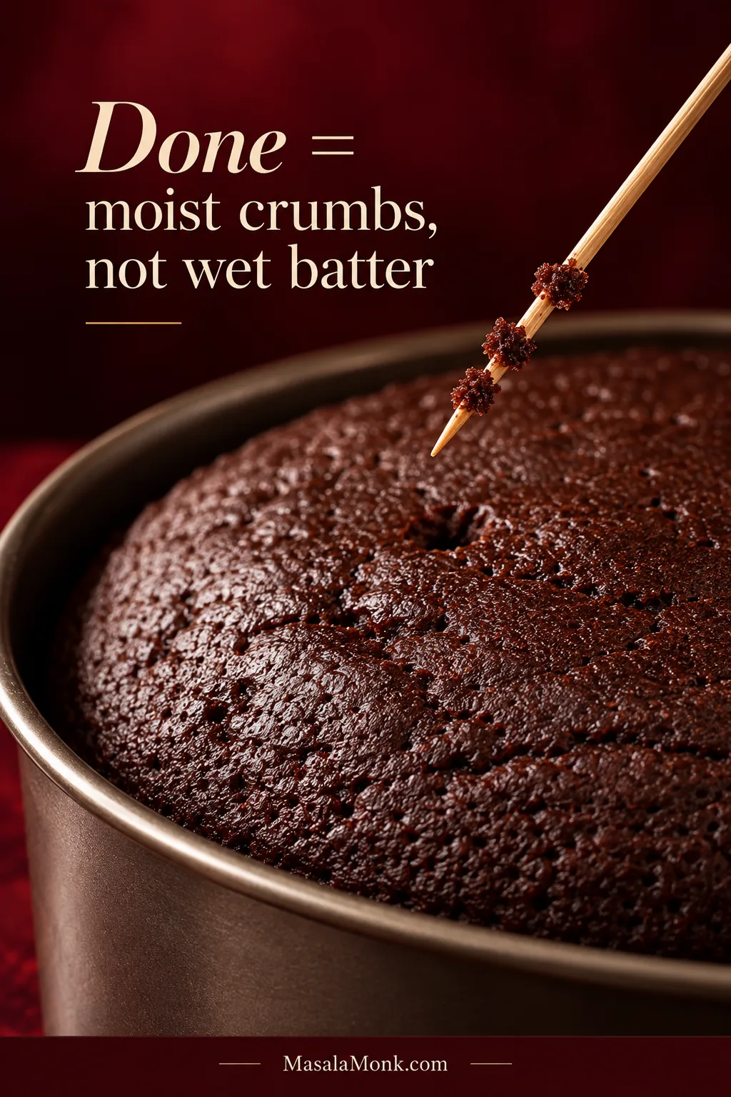 Cake tester held above a baked chocolate cake with a few small moist crumbs attached and no liquid batter; overlay reads “Done = moist crumbs, not wet batter.”