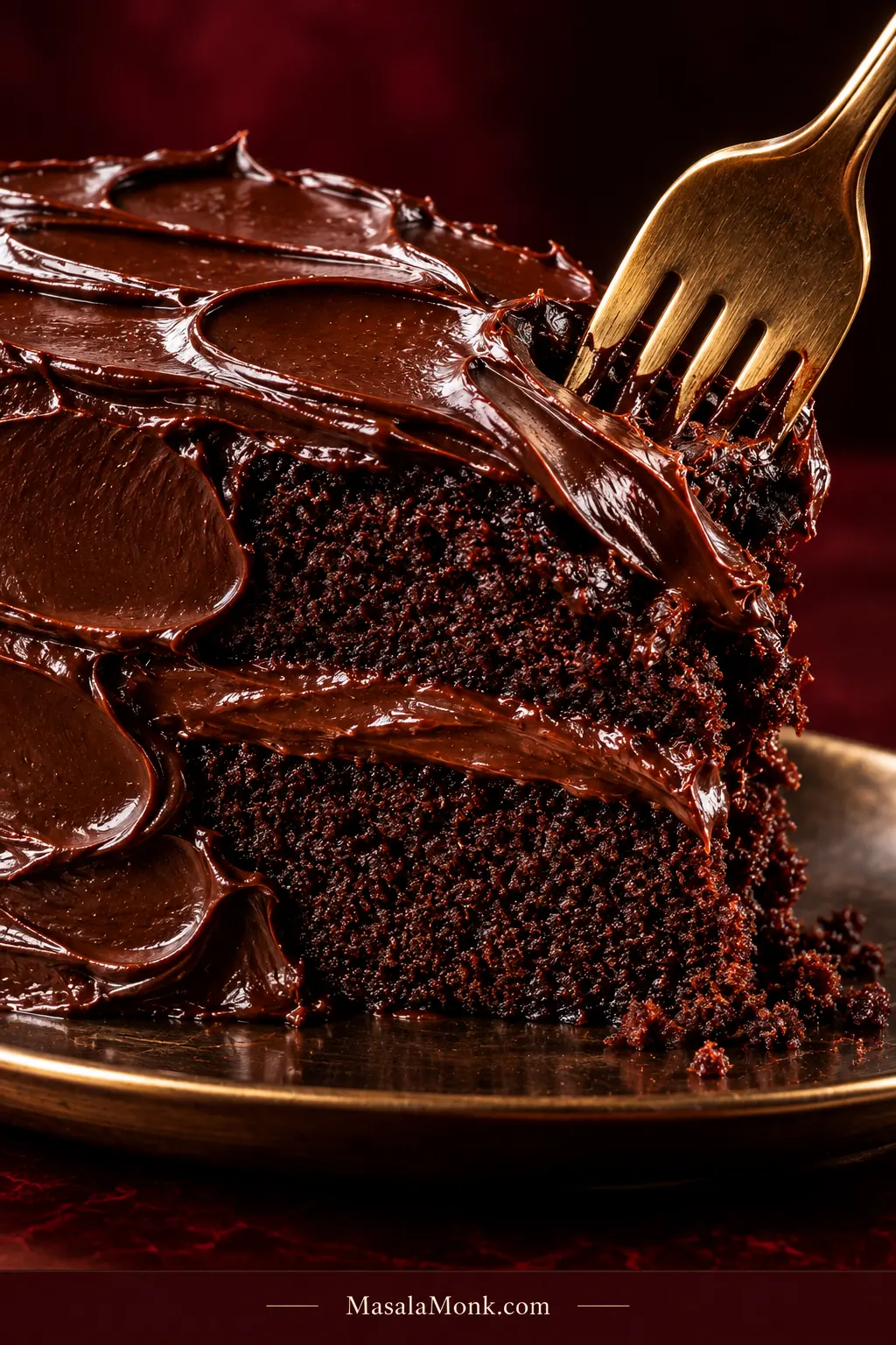 Fork pressing into a slice of two-layer Matilda chocolate cake with one ganache seam as the crumb compresses and glossy frosting yields.