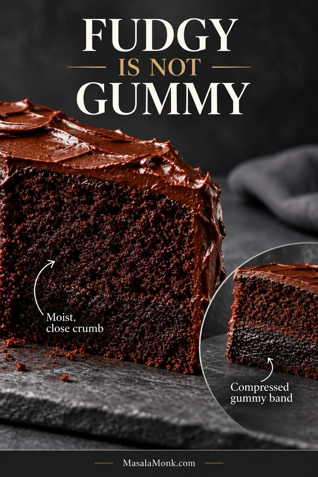 Chocolate cake texture comparison showing porous moist crumb beside a darker compressed gummy band near the bottom; overlay reads “FUDGY IS NOT GUMMY.”
