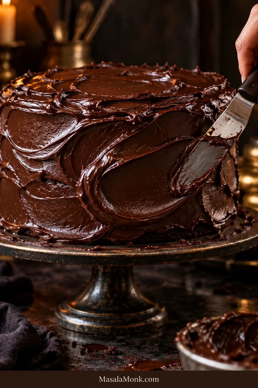 Offset spatula shaping broad glossy chocolate ganache swirls over the side of a chocolate cake.