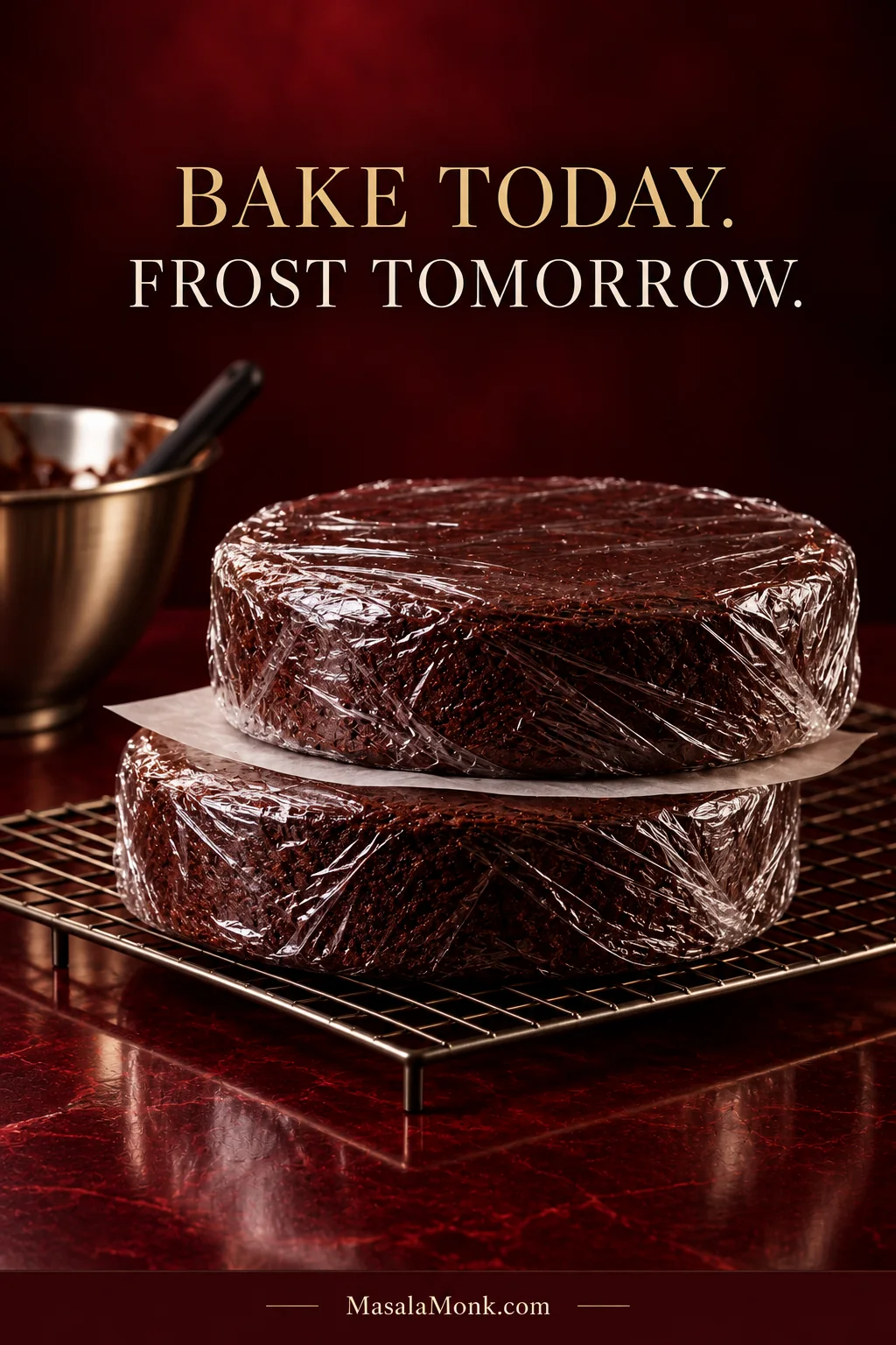 Exactly two cooled round chocolate cake layers wrapped tightly for overnight storage; overlay reads “BAKE TODAY. FROST TOMORROW.”