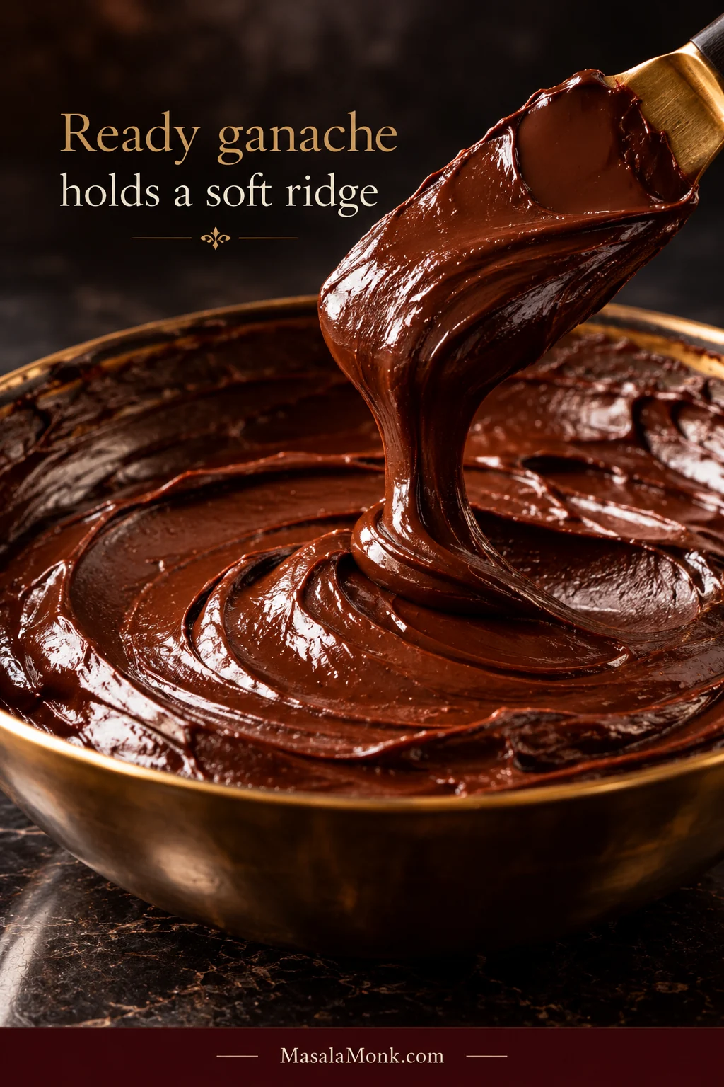 Thick glossy chocolate ganache falling slowly from a spatula and leaving a soft ridge in the bowl; overlay reads “Ready ganache holds a soft ridge.”