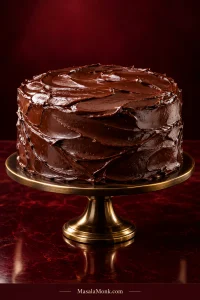 Two-layer dark chocolate Matilda cake completely covered with glossy chocolate ganache in broad hand-spread swirls on a pedestal against a burgundy background.