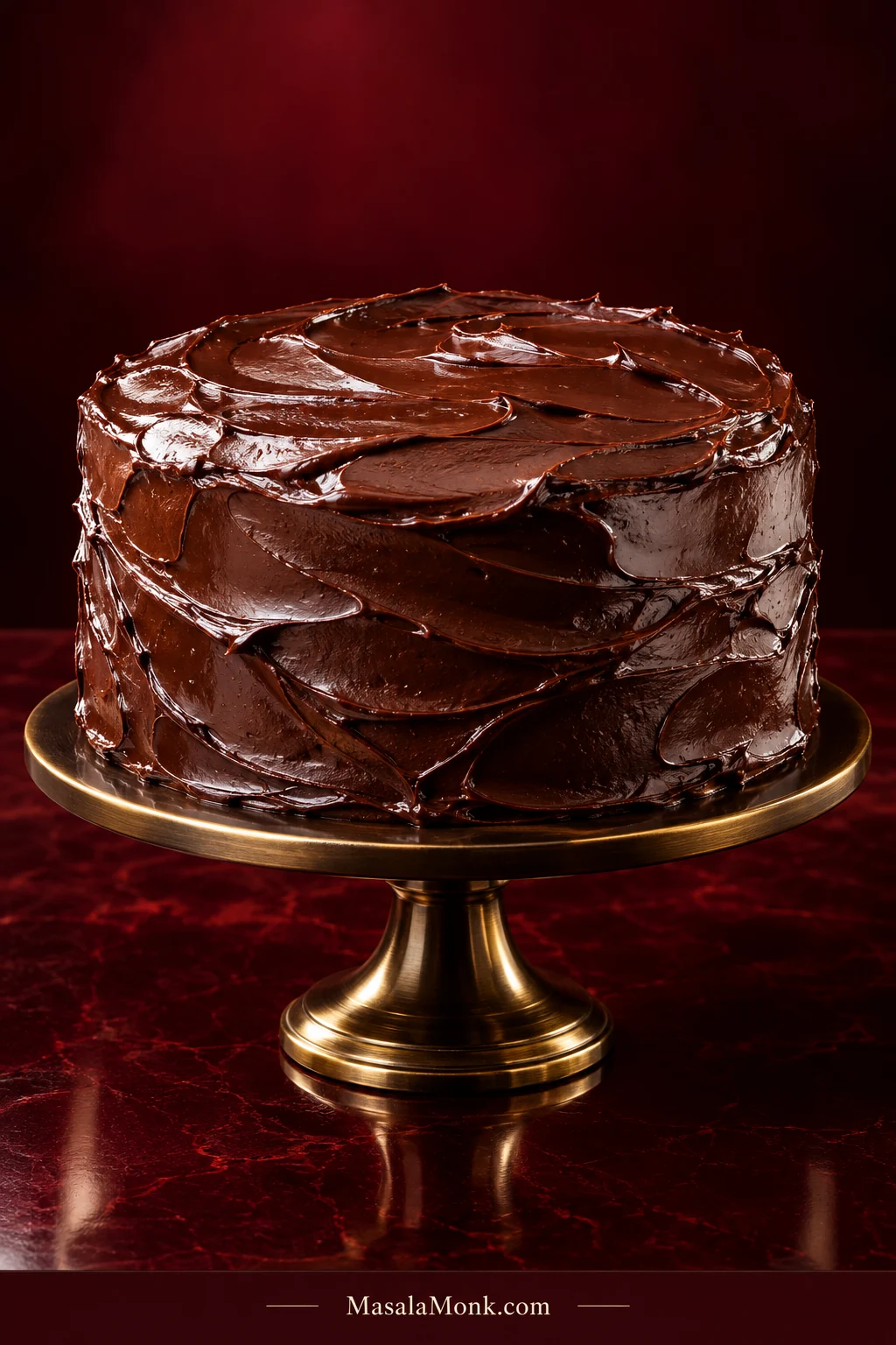 Two-layer dark chocolate Matilda cake completely covered with glossy chocolate ganache in broad hand-spread swirls on a pedestal against a burgundy background.