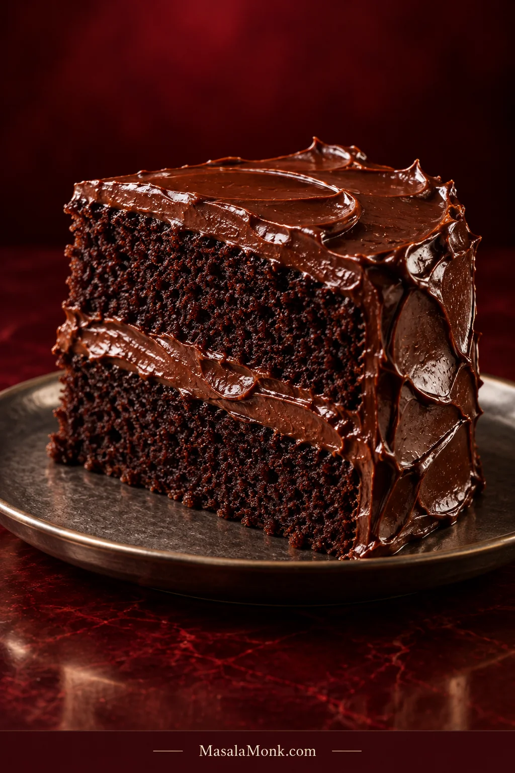 Slice of two-layer Matilda chocolate cake with dark close crumb, one chocolate ganache filling seam, and glossy ganache frosting.