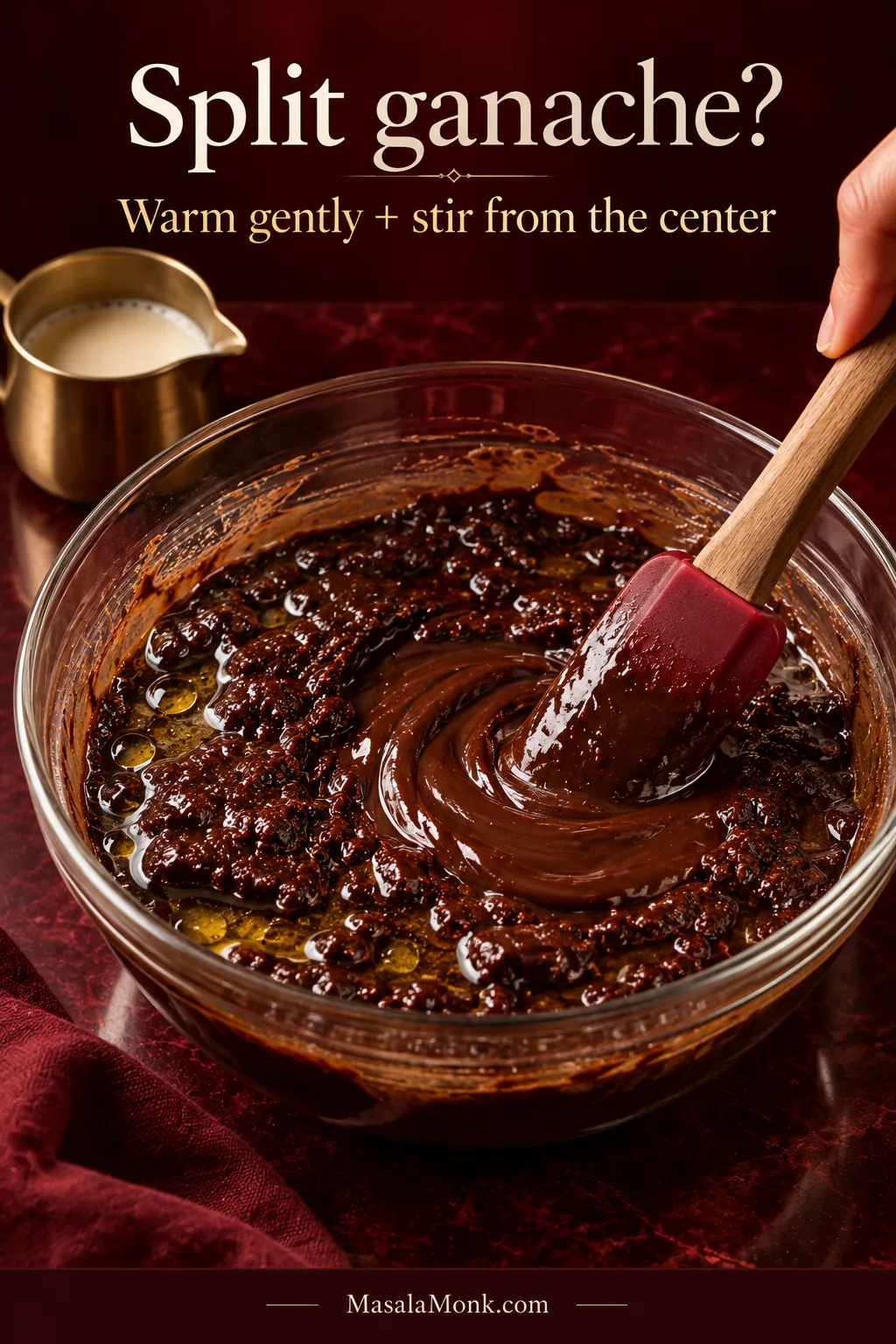 Separated chocolate ganache with visible oily patches and thicker chocolate being stirred from the center; overlay reads “Split ganache? Warm gently + stir from the center.”