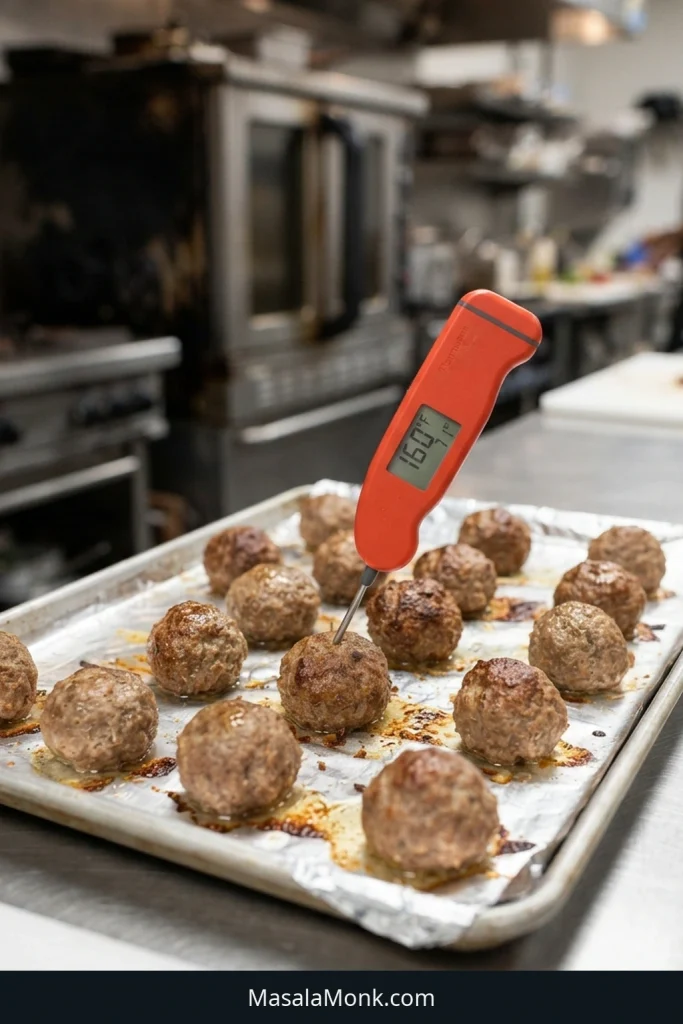 Instant-read thermometer inserted into the center of a baked meatball on a sheet pan, with the display reading 160 degrees Fahrenheit.