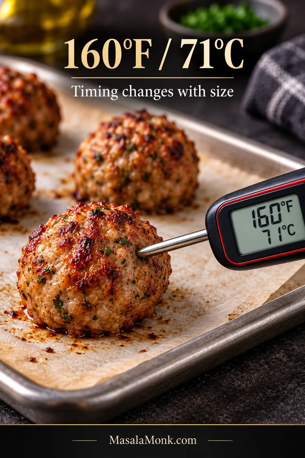 Instant-read thermometer inserted from the side into the center of an unsauced baked meatball on parchment, with a reading of 160°F / 71°C.