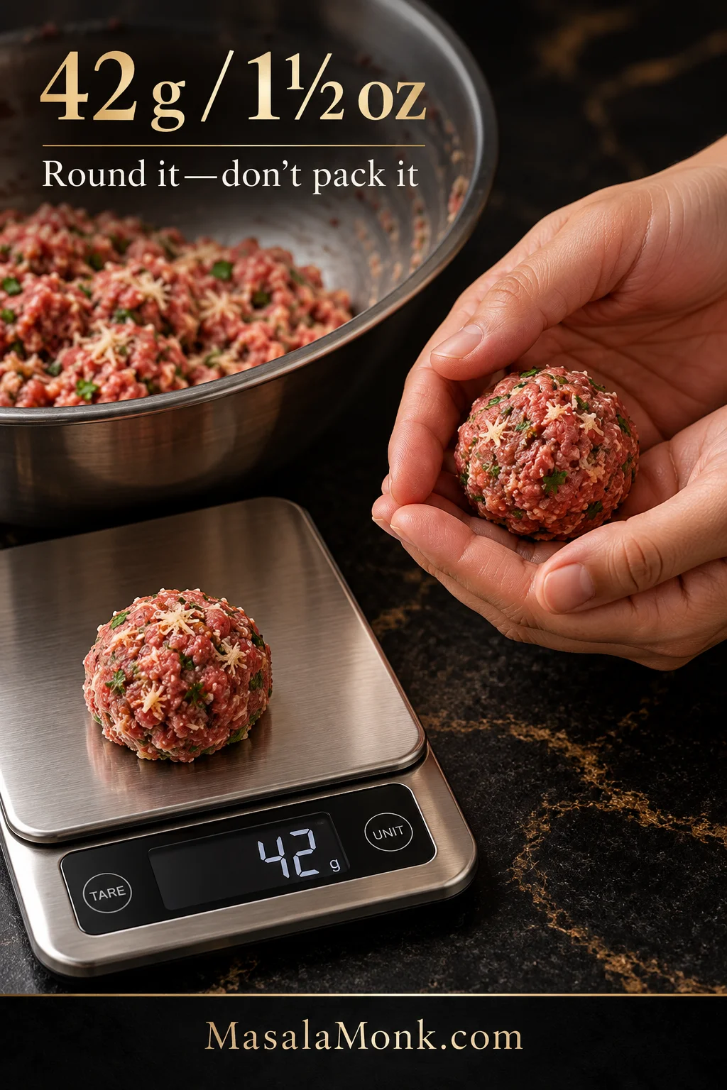 Hands gently rounding a raw beef meatball beside a digital kitchen scale reading 42 g; text reads “42 g / 1½ oz” and “Round it—don’t pack it.”