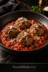 Four baked beef meatballs sitting in chunky red marinara, lightly topped with grated Parmesan and chopped parsley in a dark shallow bowl.