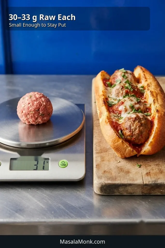 Raw meatball weighing 31 grams on a digital scale beside a hoagie roll filled with four smaller cooked meatballs.