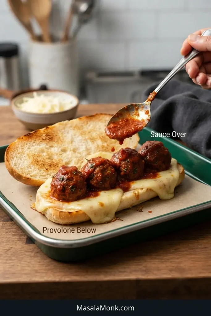 Open toasted hoagie roll with provolone on the bottom, four sauced meatballs in one row, and a spoon adding marinara over them.