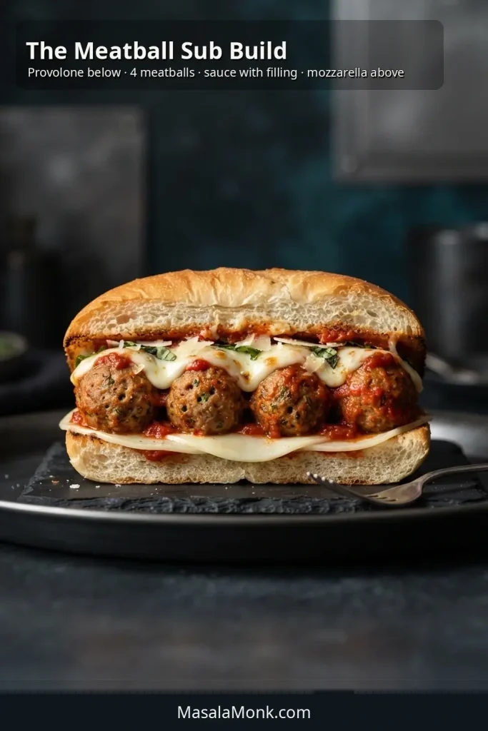 Cutaway meatball sub showing provolone against the lower roll, four marinara-coated meatballs in one row, and melted mozzarella above.