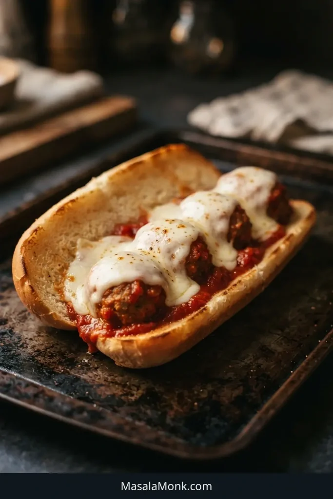 Open-faced meatball sub on a baking tray with four meatballs, melted mozzarella, visible marinara, and small golden spots on the cheese.
